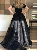 Vintage A-Line Off the Shoulder Black Lace High Low Short Sleeve Prom Homecoming Dresses JS80