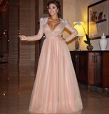 Elegant A Line Long Sleeve Deep V Neck Pink Beads Tulle Long Prom Dresses JS985