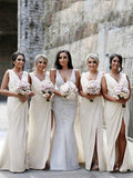 A Line Chiffon V Neck Ruffles Bridesmaid Dresses Long With Slit Prom Dresses