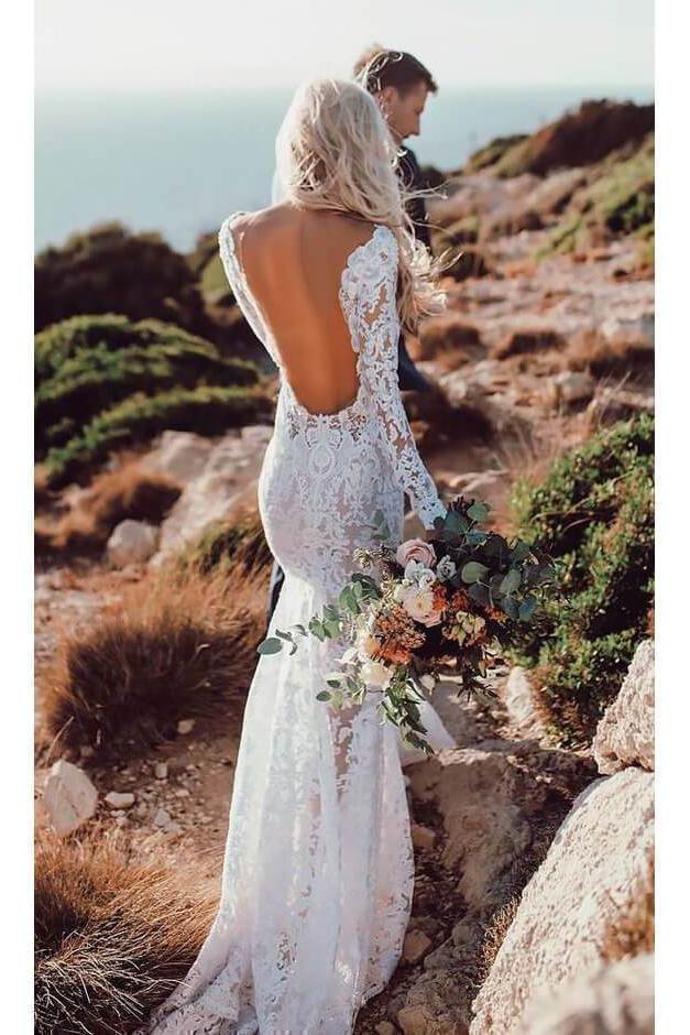 Buy See Through V Neck Lace Rustic Wedding Dresses Long Sleeve