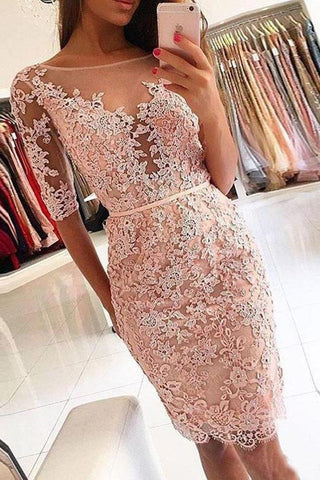 Sheath Pink Lace Appliques Beads Homecoming Dresses with Half Sleeve Prom Dresses JS833