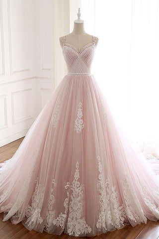 Unique A Line Pink Sweetheart Tulle Spaghetti Straps Long Lace Prom Dress