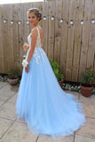 Elegant Blue Chiffon A line V Neck V Back Tulle Lace Long Prom Dresses Evening Dress JS270