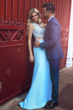 Elegant Two Piece Mermaid Blue Lace High Neck Cap Sleeve Satin Prom Dresses UK JS419