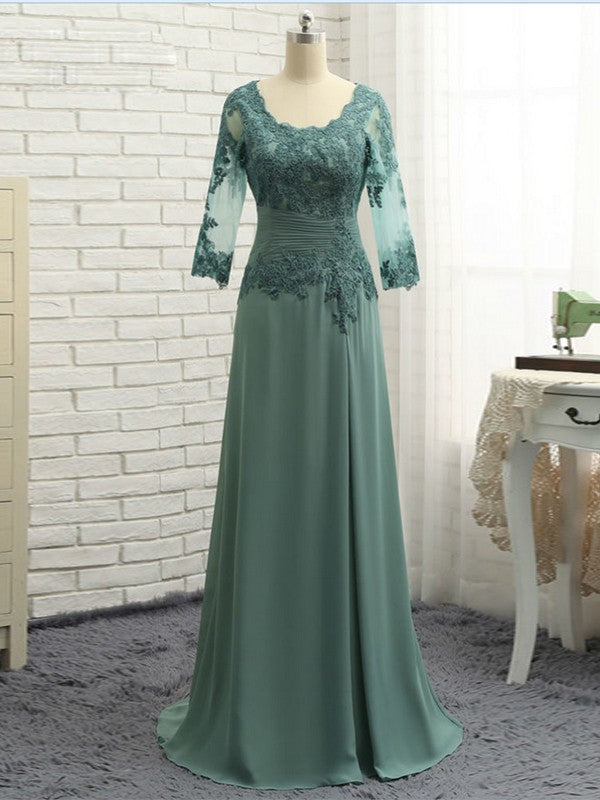 Casey A-Line/Princess Chiffon Applique Scoop 3/4 Sleeves Sweep/Brush Train Mother of the Bride Dresses SJSP0020418