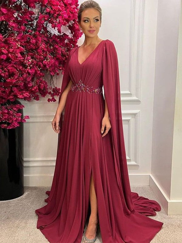 Quinn A-Line/Princess Chiffon Ruched V-neck Long Sleeves Court Train Mother of the Bride Dresses SJSP0020287