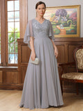 Brooklynn A-Line/Princess Chiffon Applique V-neck 1/2 Sleeves Floor-Length Mother of the Bride Dresses SJSP0020334