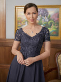 Alena A-Line/Princess Chiffon Applique V-neck Short Sleeves Floor-Length Mother of the Bride Dresses SJSP0020337