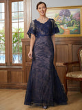 Zariah Sheath/Column Silk like Satin Lace V-neck Short Sleeves Floor-Length Mother of the Bride Dresses SJSP0020338