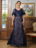 Zariah Sheath/Column Silk like Satin Lace V-neck Short Sleeves Floor-Length Mother of the Bride Dresses SJSP0020338