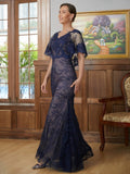 Zariah Sheath/Column Silk like Satin Lace V-neck Short Sleeves Floor-Length Mother of the Bride Dresses SJSP0020338