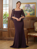 Mary Sheath/Column Stretch Crepe Lace Square 1/2 Sleeves Sweep/Brush Train Mother of the Bride Dresses SJSP0020329