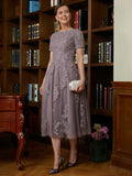 Helen A-Line/Princess Chiffon Lace Scoop Short Sleeves Tea-Length Mother of the Bride Dresses SJSP0020302