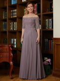Joyce A-Line/Princess Chiffon Applique Off-the-Shoulder 3/4 Sleeves Floor-Length Mother of the Bride Dresses SJSP0020308