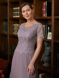 Deja A-Line/Princess Chiffon Lace Scoop Short Sleeves Ankle-Length Mother of the Bride Dresses SJSP0020353