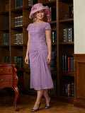 Eloise Sheath/Column Chiffon Applique Scoop Short Sleeves Tea-Length Mother of the Bride Dresses SJSP0020317