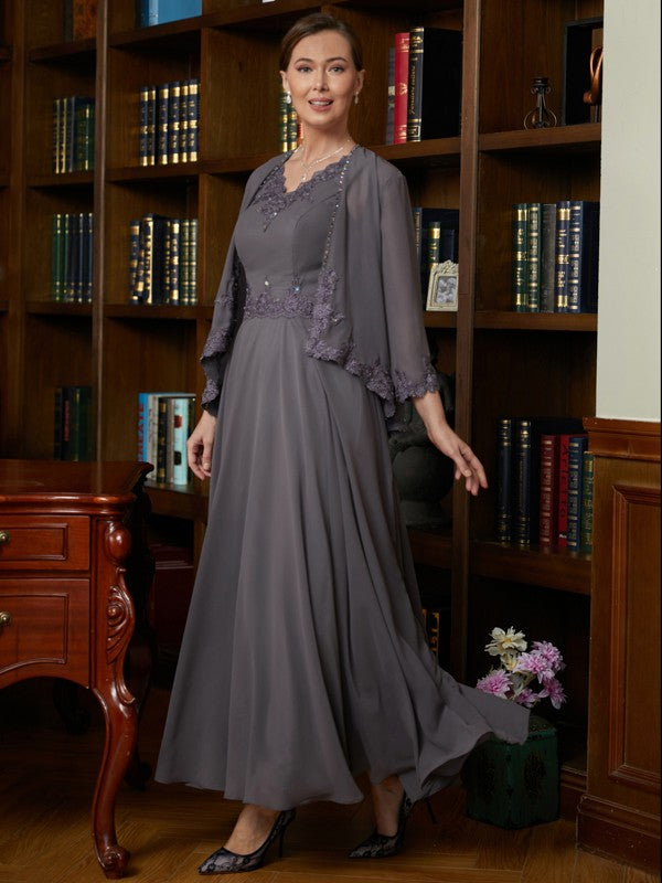 Denise A-Line/Princess Chiffon Applique V-neck Sleeveless Ankle-Length Mother of the Bride Dresses SJSP0020365