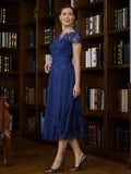 Lily A-Line/Princess Chiffon Applique Bateau Short Sleeves Tea-Length Mother of the Bride Dresses SJSP0020275
