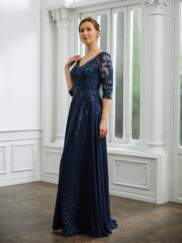 Zara A-Line/Princess Chiffon Applique V-neck 3/4 Sleeves Floor-Length Mother of the Bride Dresses SJSP0020267