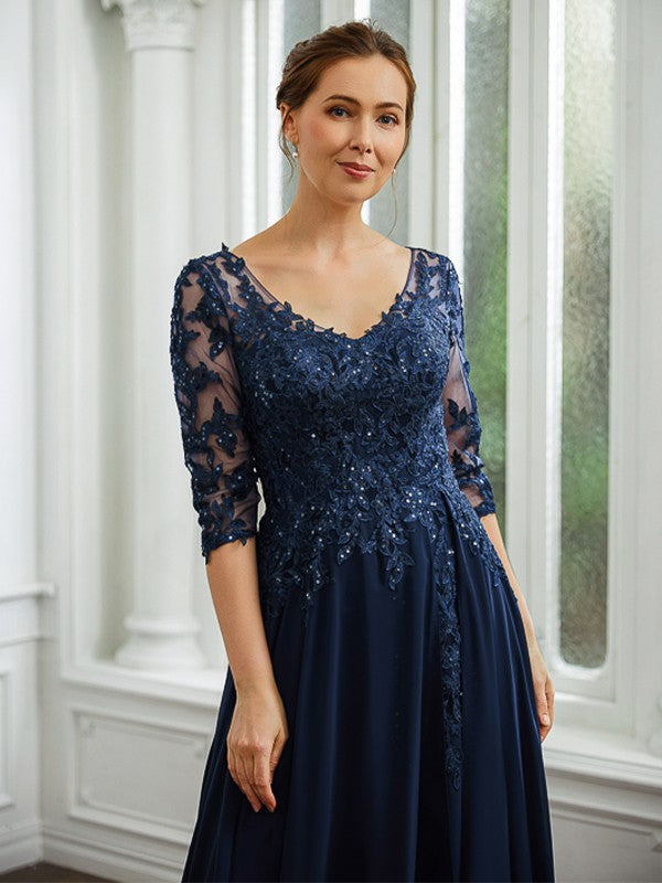 Zara A-Line/Princess Chiffon Applique V-neck 3/4 Sleeves Floor-Length Mother of the Bride Dresses SJSP0020267