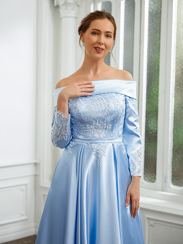 Joanne A-Line/Princess Elastic Woven Satin Ruched Off-the-Shoulder Long Sleeves Tea-Length Mother of the Bride Dresses SJSP0020269
