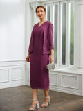 Riley Sheath/Column Chiffon Applique V-neck Sleeveless Tea-Length Mother of the Bride Dresses SJSP0020263