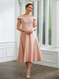 Valerie A-Line/Princess Satin Applique Off-the-Shoulder Sleeveless Tea-Length Mother of the Bride Dresses SJSP0020255