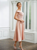 Valerie A-Line/Princess Satin Applique Off-the-Shoulder Sleeveless Tea-Length Mother of the Bride Dresses SJSP0020255