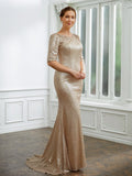 Ally Sheath/Column Sequins Ruched 1/2 Sleeves Sweep/Brush Train Mother of the Bride Dresses SJSP0020248