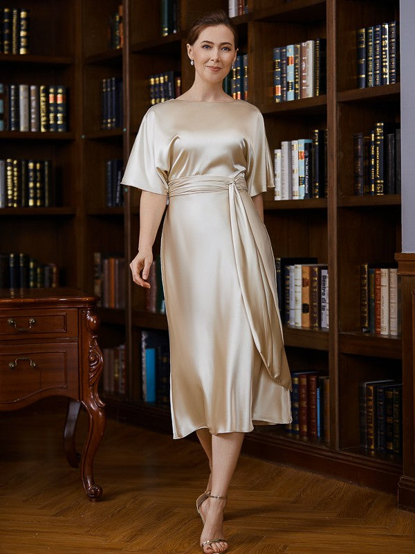 Ariel Sheath/Column Elastic Woven Satin Ruched Scoop Short Sleeves Tea-Length Mother of the Bride Dresses SJSP0020242