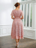 Jayleen A-Line/Princess Chiffon Applique V-neck Short Sleeves Tea-Length Dresses SJSP0020244