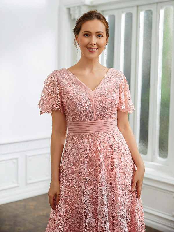 Jayleen A-Line/Princess Chiffon Applique V-neck Short Sleeves Tea-Length Dresses SJSP0020244