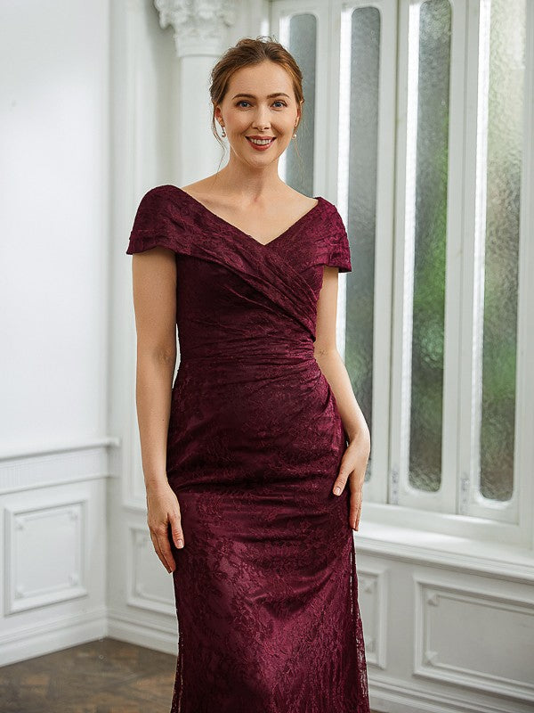 Addison Sheath/Column Lace Ruched V-neck Short Sleeves Floor-Length Mother of the Bride Dresses SJSP0020236