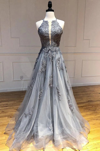A Line Spaghetti Straps Lace Silver Long Prom Dresses with Applique Open Back Party Dresses SJS15027
