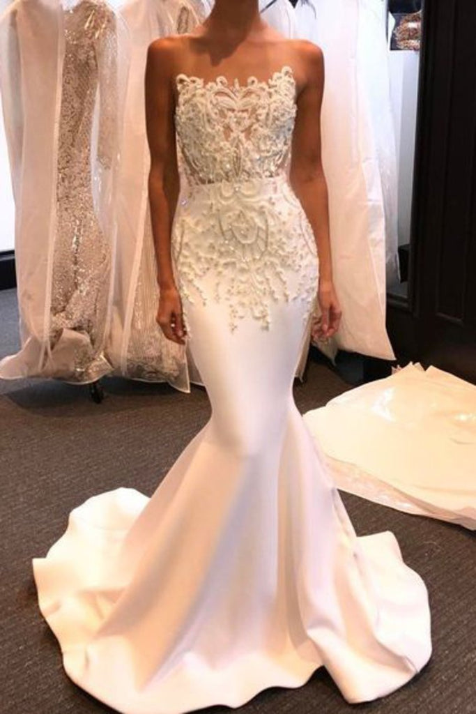 Strapless Satin With Applique And Beads Wedding Dresses Mermaid