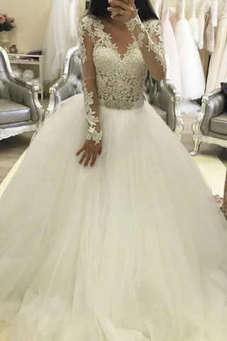 Ball Gown Long Sleeves V Neck Tulle Wedding Dress, Princess Long Bridal Dress With Appliques