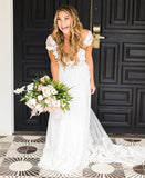 A Line Tulle Lace Appliques Wedding Dresses Short Sleeve Backless V Neck Bridal Dress JS494