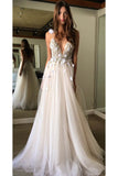 Tulle Spaghetti Straps Wedding Dresses A Line With Beads And Handmade Flower