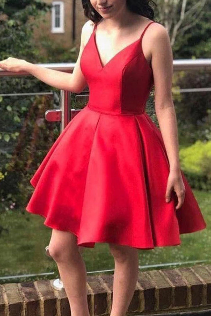 Simple Short Prom Dresseses Red V Neck Satin Homecoming Dresses