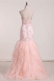 Mermaid Spaghetti Straps Tulle With Applique Prom Dresses