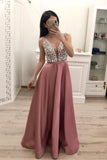 Prom Dress V Neck Satin With Beads And Sequins Floor Length