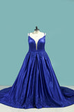 Court Train Ball Gown Spaghetti Straps Satin With Applique Prom Dresses