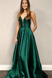A-line V Neck Emerald Green Prom Dresses, Graduation Dresses With Pockets