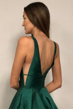 A-line V Neck Emerald Green Prom Dresses, Graduation Dresses With Pockets