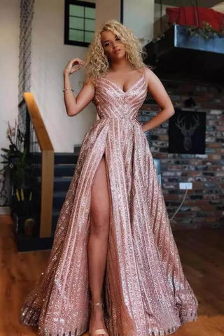 Sexy Rose Gold Spaghetti Straps V Neck Prom Dresses with Side Slit, Sequins Prom Gowns SJS15350