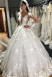 A-Line Scoop Long Sleeves Tulle With Applique Gorgeous Wedding Dresses Chapel Train