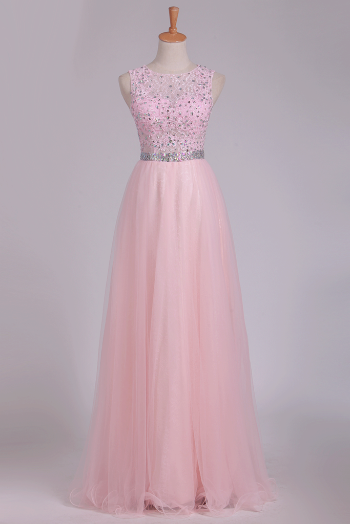 Prom Dresses A Line Scoop Beaded Bodice Floor Length Tulle