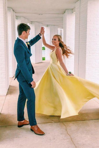 Unique A Line Yellow Satin Prom Dresses with Pockets, Simple Formal SJS20452