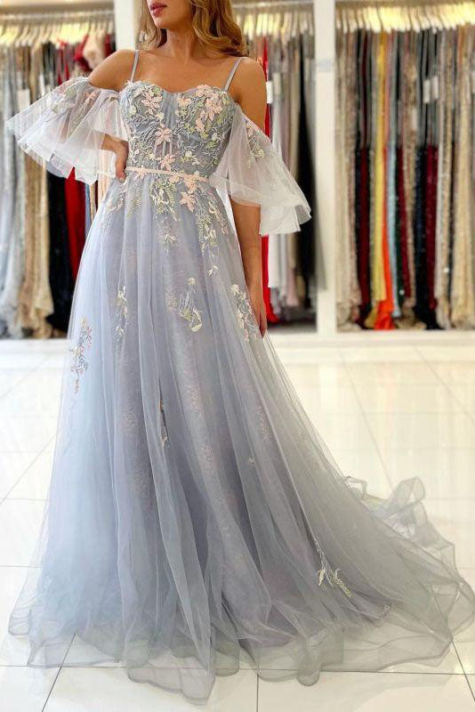 Light Gray Vintage A-Line Tulle Lace Appliques Evening Prom Dresses