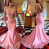 Pink Lace Mermaid Long See Through Sleeveless Beads V-Neck Cheap Party Prom Dress 17031